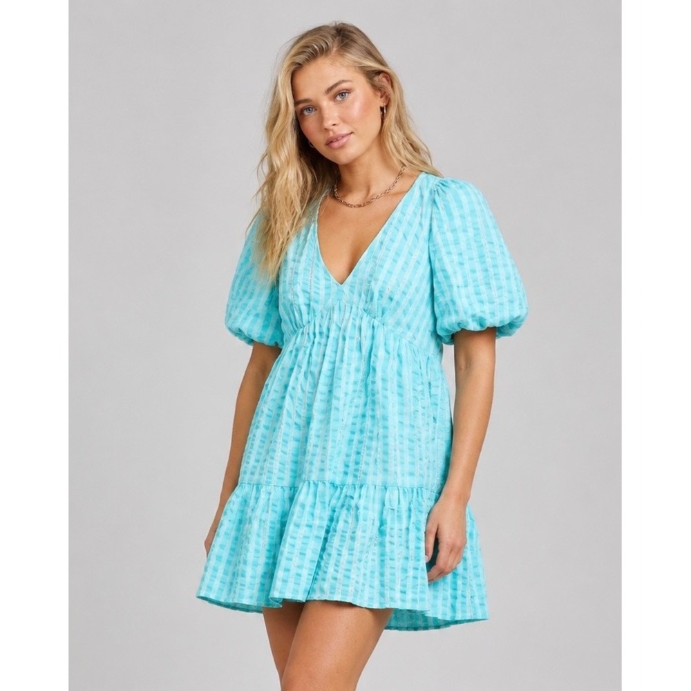 Nobodys Child Turquoise Gingham Puff Sleeve Smock Mini Dress USA 10 NEW